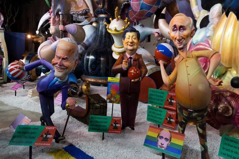 Cardboard figurines depicting U.S. President Joe Biden, Chinese President Xi Jinping and Russian President Vladimir Putin at the Fallas festival in Valencia, on March 16, 2022.
