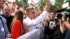 Peter Magyar greets supporters at a demonstration in Budapest on April 5.