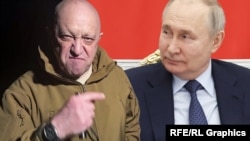 Слева направо: Евгений Пригожин, Владимир Путин. Коллаж