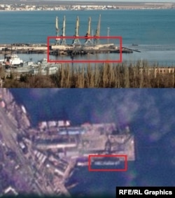 Вверху: остатки БДК "Новочеркасск" после украинского удара по порту Феодосии. Внизу: "Новочеркасск" в порту на спутниковом снимке. Как следует из анализа спутниковых фотографий, корабль прибыл в порт между 14 и 28 ноября 2023 года