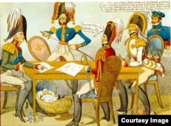 "Александр I против испанской революции". Франция вынимает саблю, Англия призывает к осторожности, в колыбели под столом лежит Пруссия.