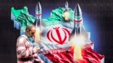 A man walks past a banner depicting missiles launching from a representation of the map of Iran colored with the Iranian flag in central Tehran.