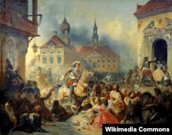 Пётр I усмиряет ожесточенных солдат своих при взятии Нарвы в 1704 году. Картина Николая Зауэрвейда, 1859 год