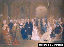 Бенджамин Франклин в окружении придворных дам. Справа сидят король Людовик XIV и королева Мария Антуанетта. 1830