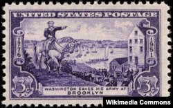 Джордж Вашингтон эвакуирует свою армию из Нью-Йорка. Почтовая марка, 1951
