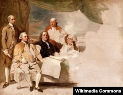 Неоконченное полотно Веста "Парижский договор". 1783–1784. Слева направо: Джей, Адамс, Франклин, Генри Лоуренс, Уильям Темпл Франклин