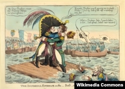 Императорские объятия на плоту. Английская карикатура на встречу Наполеона и Александра в Тильзите