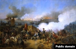 Осада крепости Нотебург в октябре 1702 года. Картина Александра Коцебу (1846). В центре – Петр I