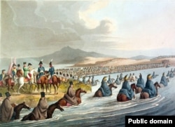 Войска Наполеона I переравляются через реку Неман, начав поход в Россию, предопределивший конец Первой империи. Июнь 1812 года