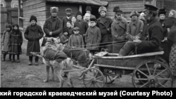 Красноярец Онипко в повозке, запряженной волками. 1909 г.