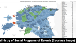 Процент беженцев из Украины в различных уездах Эстонии. Карта предоставлена Министерством социальных дел