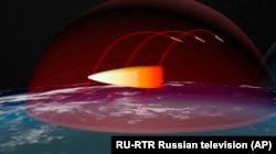 Компьютерная графика, иллюстрирующая удар гиперзвуковым оружием по США, показанная на российском телевидении в качестве иллюстрации заявления Владимира Путина о создании новых типов ядерного оружия 1 марта 2018 года