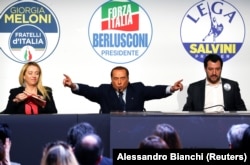 Джорджа Мелони, Сильвио Берлускони и Маттео Сальвини на пресс-конференции в Риме, март 2018 года