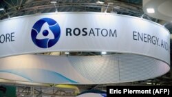 FRANCE -- The logo of Russian atomic energy agency Rosatom during the World Nuclear Exhibition in Le Bourget, near Paris, June 28, 2016