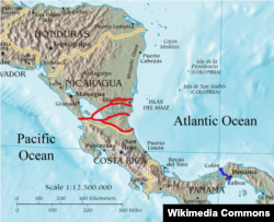 Варианты Никарагуанского канала. Окончательный маршрут – второй сверху, начинающийся на востоке к югу от города Блуфилдс