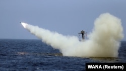 An Iranian locally made cruise missile is fired during war games in the northern Indian Ocean near the entrance to the Persian Gulf in 2020.