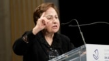 Iranian Nobel Peace laureate and human rights activist Shirin Ebadi speaks during an International Women's Day event in Paris on March 8.