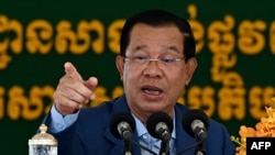 Cambodia's Prime Minister Hun Sen speaks during a groundbreaking ceremony for the construction of a 135km expressway from the capital Phnom Penh to Bavet city in Svay Rieng province on the Cambodia-Vietnam border, in Phnom Penh on June 7, 2023.