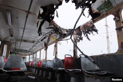 A hole in the roof of a tram at a depot in Kharkiv, Ukraine, March 14, 2022.  