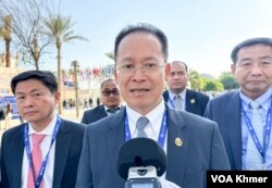 Cambodia’s environmental minister Eang Sophalleth talks to VOA Khmer during the United Nations Climate Change Summit or COP28 In Dubai, United Arab Emirates, on December 1, 2023. (Kann Vicheika/VOA Khmer)