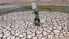 FILE - A man carries a plastic bucket across the cracked bed of a dried-up pond in Vietnam's southern Ben Tre province, March 19, 2024.