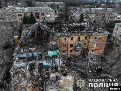 An aerial view of a residential building heavily damaged by a Russian missile strike in the town of Selydove in Donetsk, Feb. 8, 2024.  