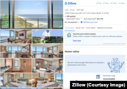 Сторінка на сайті нерухомості Zillow.com рекламує кондомініуми Перевалова в One Bal Harbour.