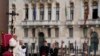 Pope Francis delivers his message as he meets with young people in front of the Church of the Salute in Venice, April 28, 2024. 