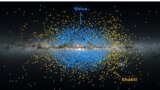 An illustration of the Milky Way band across the sky, with yellow dots showing the location of the stars from the Shakti ancient stream of stars and blue dots showing the location of the stars from the Shiva ancient stellar stream. (ESA/Gaia/DPAC/K. Malhan/Handout via REUTERS)