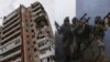 4일 러시아의 드론 공격으로 파손된 빌딩(좌) · 훈련 중인 우크라이나 병사들의 모습(우).
