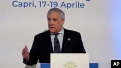 Italian Foreign Minister Antonio Tajani speaks to reporters during the final press conference at the G7 Foreign Ministers meeting on Capri Island, Italy, April 19, 2024.