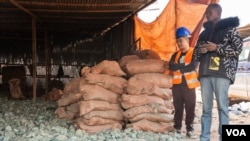 一名中国贸易商和一名员工在刚果民主共和国东南部科卢韦齐附近卡米隆贝矿的一个仓库里查看成排的孔雀石矿石，其中含有铜和钴。 (2023年6月20日)