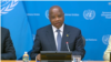 5월 유엔 안보리 순회 의장국을 맡은 모잠비크의 페드로 코미사리오 아폰소 유엔 주재 대사가 뉴욕 유엔 본부에서 열린 기자회견에서 발언하고 있다.
