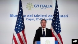 U.S. Secretary of State Antony Blinken meets the journalists during a press conference at the G7 Foreign Ministers meeting on Capri Island, Italy, April 19, 2024. 