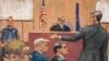 Në skicë paraqitet pamja e sallës ndërsa prokuroria paraqiti argumentat fillestare (Nju Jork, 22 prill 2024)