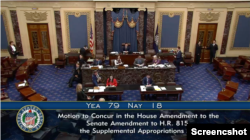 美國國會參議院週二晚間以79票贊成、18票反對的表決結果通過一系列對外援助法案（院會影片截圖）
