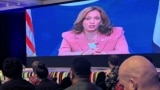 US Vice President Kamala Harris speaks remotely on a video screen during the Pacific Islands Forum at the Grand Pacific Hotel, in Suva, Fiji, July 13, 2022. (REUTERS/Kirsty Needham)