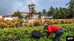 A gardener works outside former President Donald Trump's residence in Mar-A-Lago, Palm Beach, Florida, on Aug. 9, 2022.