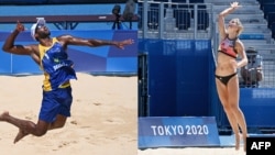 Composite image of men and women beach volleyball attire. People are thinking about the way women dress for the sport.