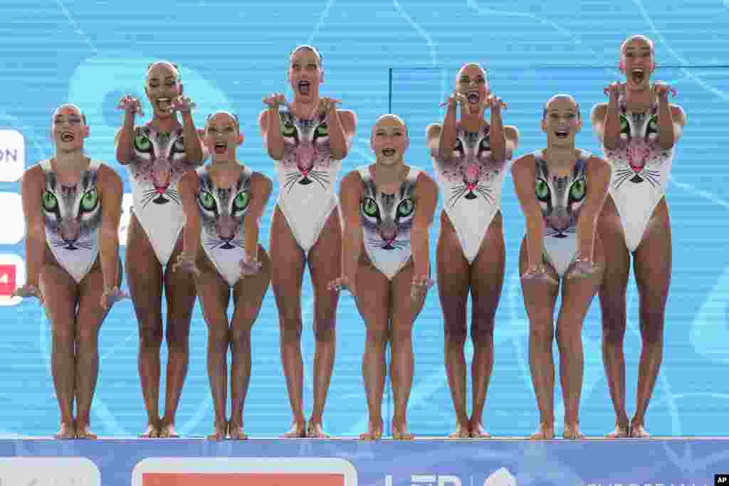 The Greek team competes in the women&#39;s team technical final of artistic swimming at the European swimming championships, in Rome, Italy.