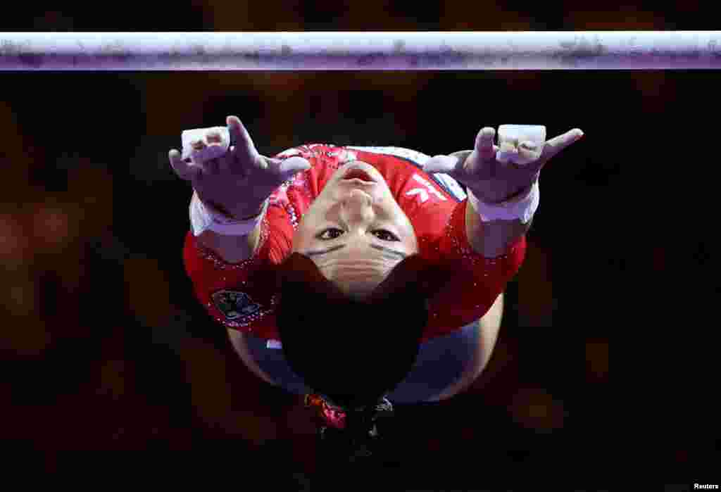 Germany&#39;s Kim Bui competes during the women&#39;s uneven bars final artistic gymnastics event of the European Championships in Munich, Germany.