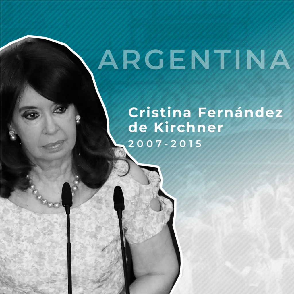 Primera mujer electa presidenta de Argentina. Ganó las elecciones del 2007, sucediendo en el poder a su esposo, Néstor Kirchner, y venciendo a la candidata conservadora, Elisa Carrió. Luego asumió un segundo mandato en el 2011. En su primer mandato, enfrentó una serie de huelgas en respuesta a un aumento fiscal y supervisó la reestructuración de la deuda en el país. En su segundo mandato, enfrentó un escándalo de corrupción y una investigación por parte de la fiscalía. Antes de asumir la presidencia fue congresista por el Partido Justicialita (PJ).