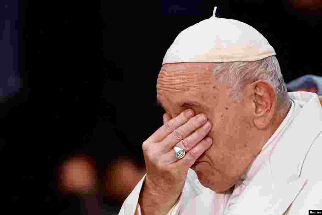 Pope Francis cries while speaking about Ukraine as he attends the Immaculate Conception celebration prayer in Piazza di Spagna in Rome, Italy.