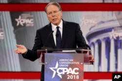 FILE- In this Thursday, Feb. 22, 2018, file photo, National Rifle Association Executive Vice President and CEO Wayne LaPierre, speaks at the Conservative Political Action Conference (CPAC), at National Harbor, Md.