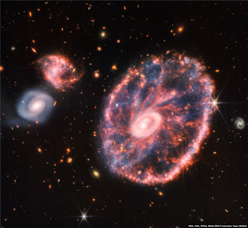 This image from Webb&rsquo;s Near-Infrared Camera (NIRCam) shows a group of galaxies, including a large distorted ring-shaped galaxy known as the Cartwheel.&nbsp;The Cartwheel Galaxy, located 500 million light-years away in the Sculptor constellation, is composed of a bright inner ring and an active outer ring. While the outer ring has a lot of star formation, the dusty area in between shows many stars and star clusters.