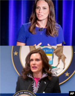 Republican Tudor Dixon (top) will face incumbent Gov. Gretchen Whitmer in Michigan in November, one of at least five woman vs. woman match-ups this year.