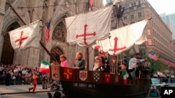 A model of the "Santa Maria," one of Christopher Columbus' three ships, is pulled up New York's Fifth Avenue in front of St. Patrick's Cathedral during the 56th Columbus Day Parade. (File)