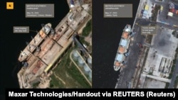На этом снимке, предоставленном Maxar, изображено российское судно «Матрос Позынич» в Севастополе (слева) и в сирийском порту Латакия