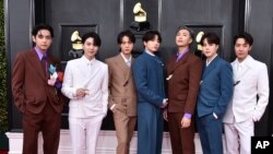 FILE - BTS appearing at the Grammy Awards in Las Vegas, Nevada, in April 2022. (Photo by Jordan Strauss/Invision/AP, File)

