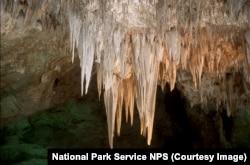 Hanging from the ceiling in the Big Room, the group of huge stalactites is known as the Chandelier.
